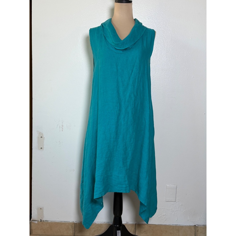 Saga Italy Linen Coastal resort cowl sleeveless trapeze Handkerchief midi  blue